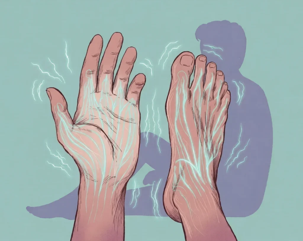 Tingling in Fingers and Feet:Person's hands and feet with glowing blue tingling sensation lines on neutral background