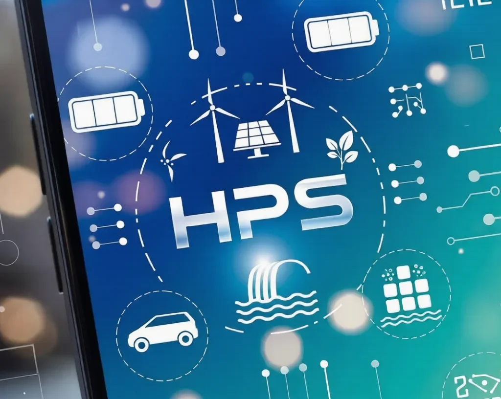 Hantavirus:Modern HPS logo on glowing blue-green circuit board with energy motifs.
