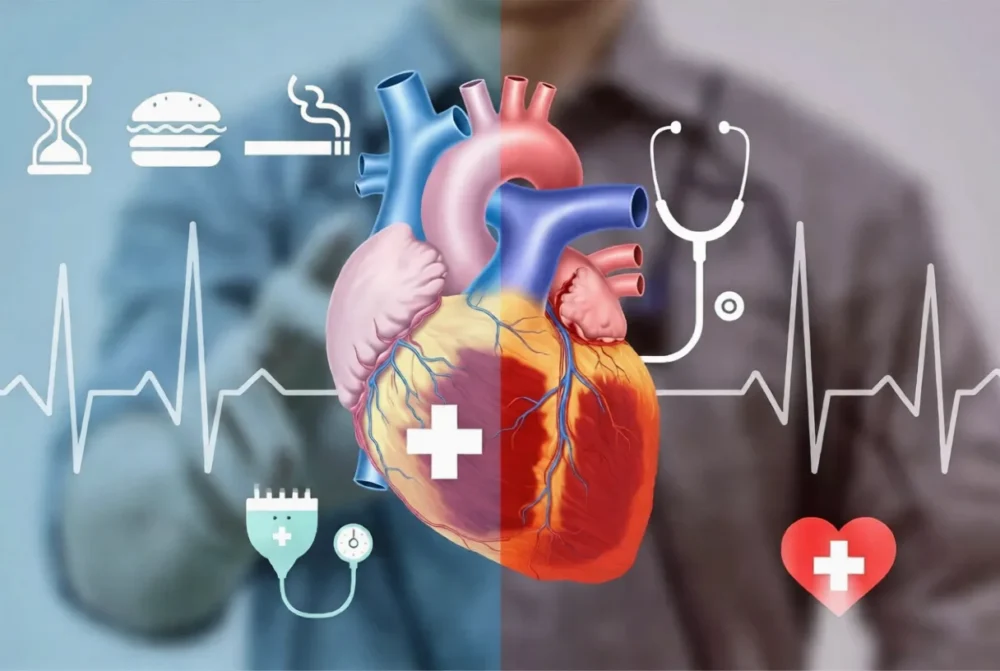 Split heart illustration with risk icons, ECG, and medical symbols for ischemic heart disease
