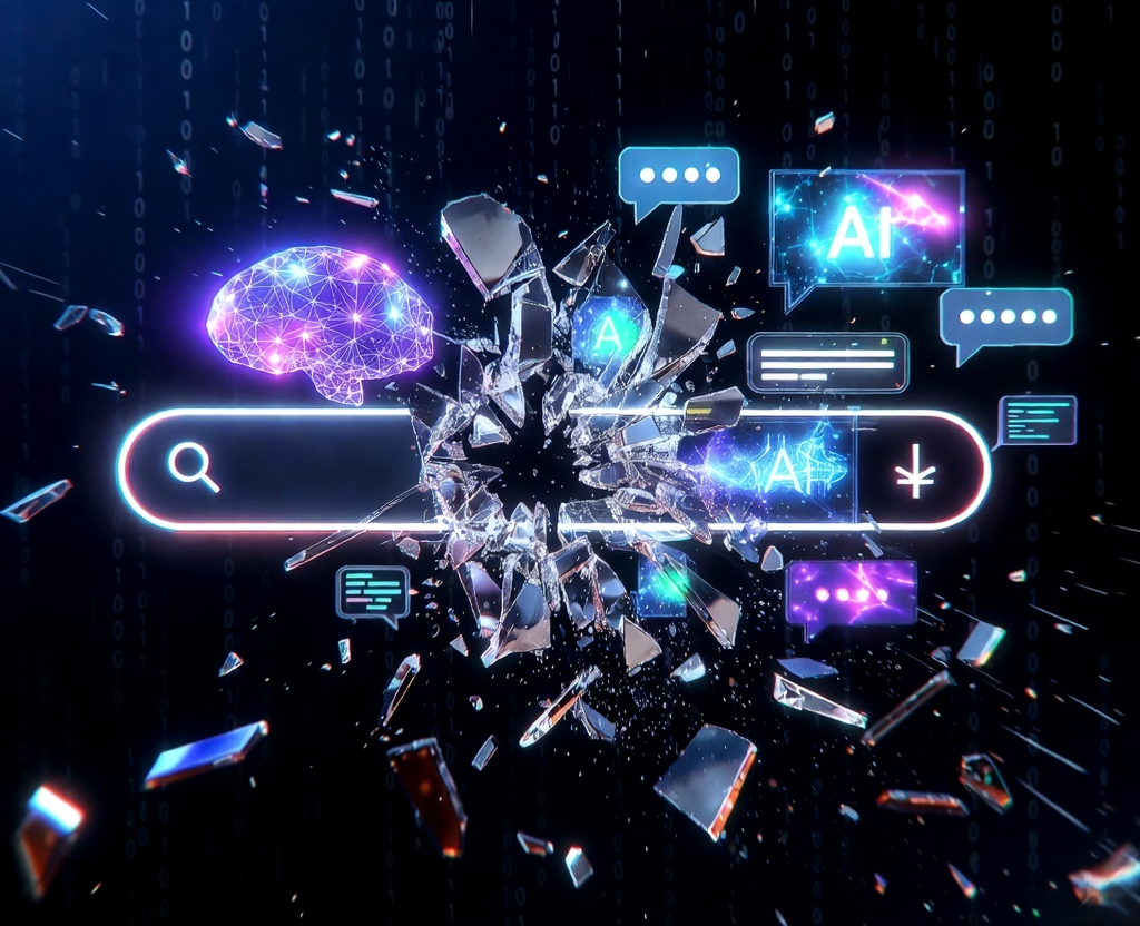 Dramatic death of  search bar with AI elements emerging in neon digital space