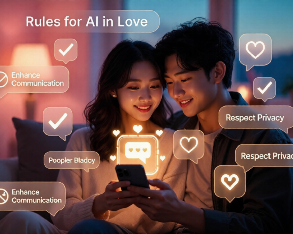 Couple using AI chat on phone with glowing relationship rules icons
