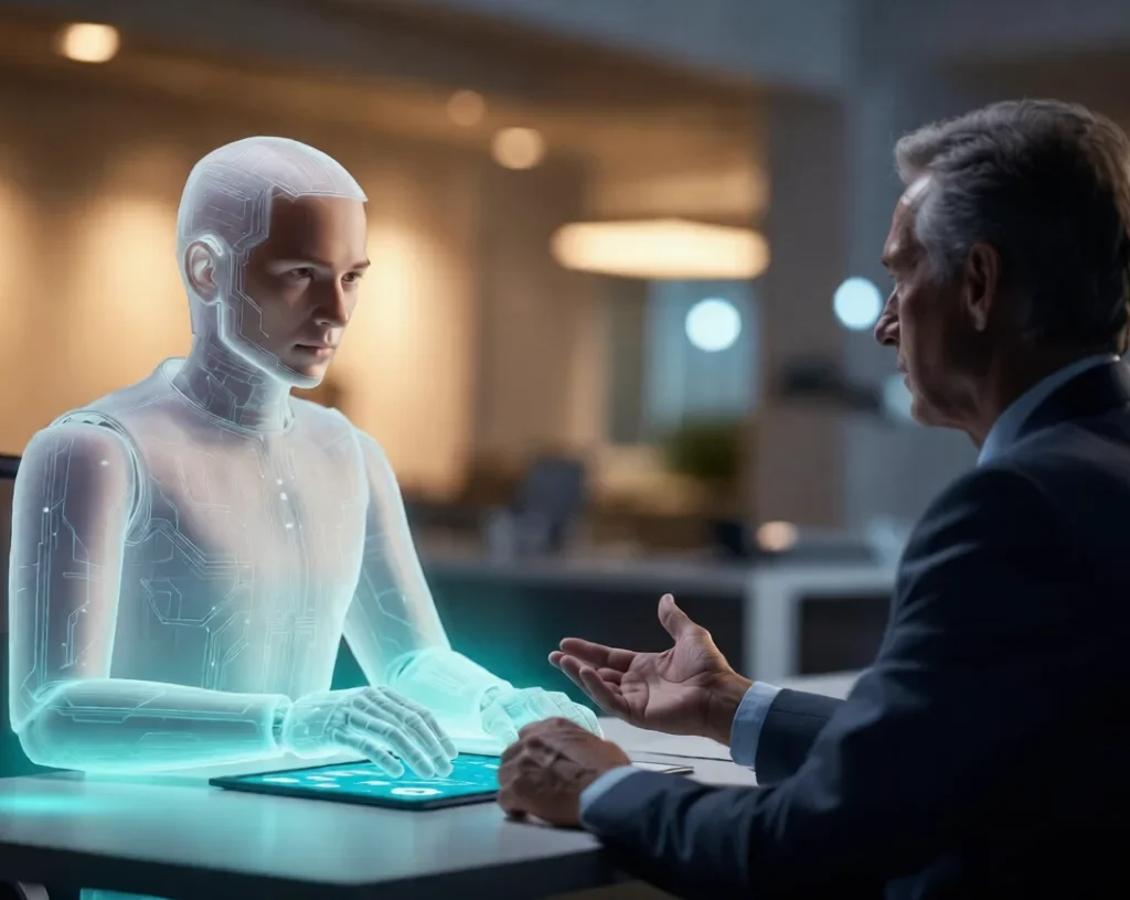 Synthetic Persona Reverse Mentoring :Holographic AI persona mentoring senior executive over tablet
