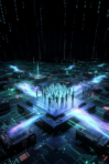 Glowing digital team standing on a massive silicon chip surrounded by neon circuits and data streams in cyberpunk style.