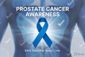 Male silhouette with blue ribbon for prostate cancer prevention and screening