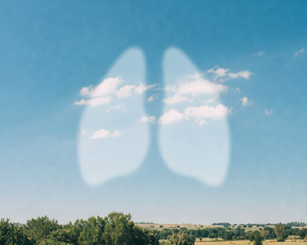Serene open meadow under blue sky with subtle lung-shaped cloud formation symbolizing easy breathing and hope for chronic respiratory illness.