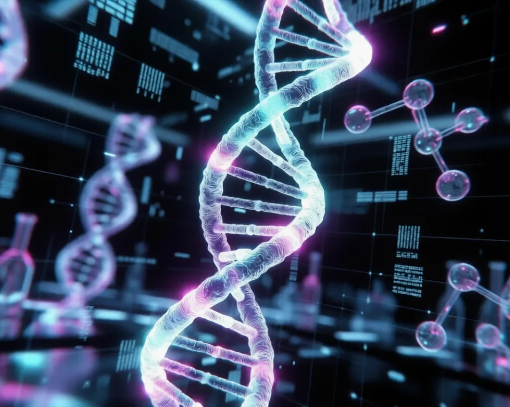 Engineered DNA :Glowing cyan-magenta DNA double helix in a futuristic digital laboratory