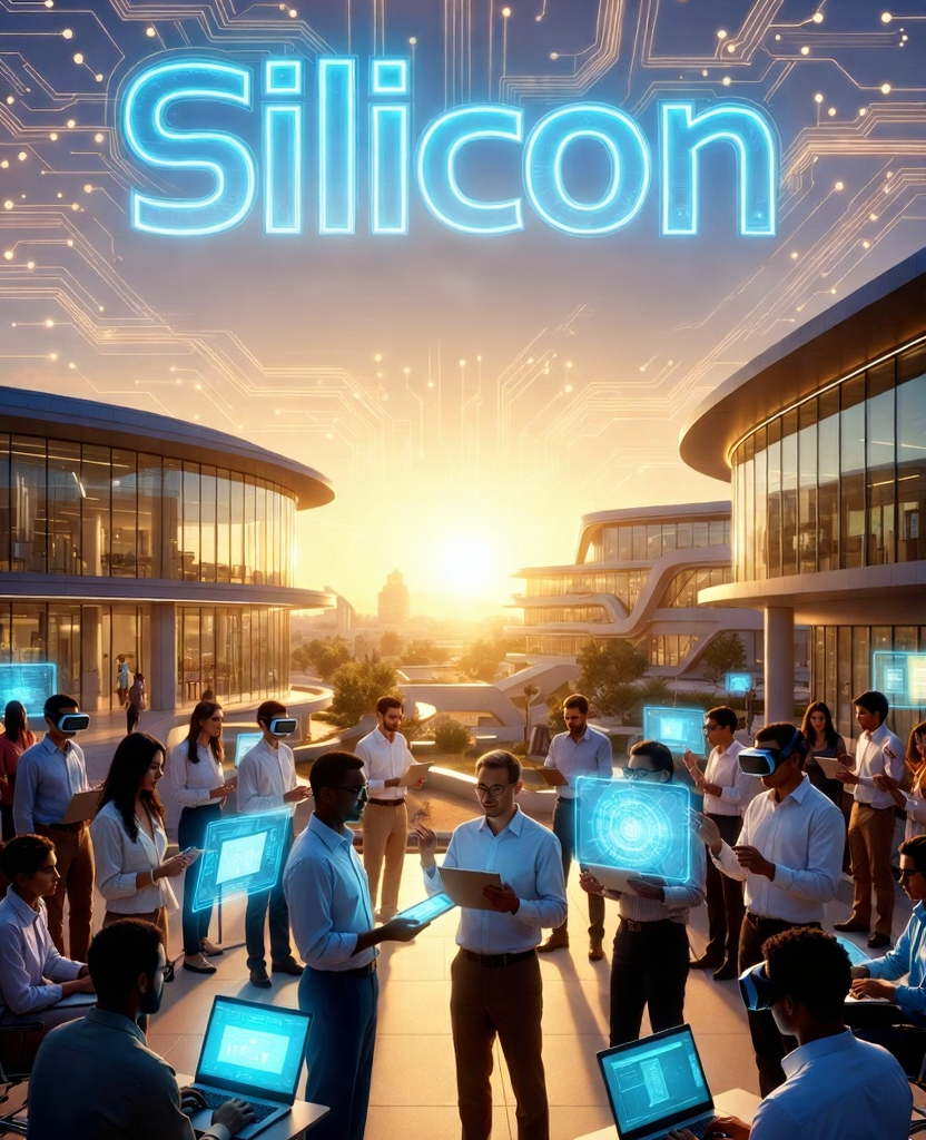 Silicon Workforce:Diverse tech team collaborating in modern Silicon Valley campus at sunrise with glowing