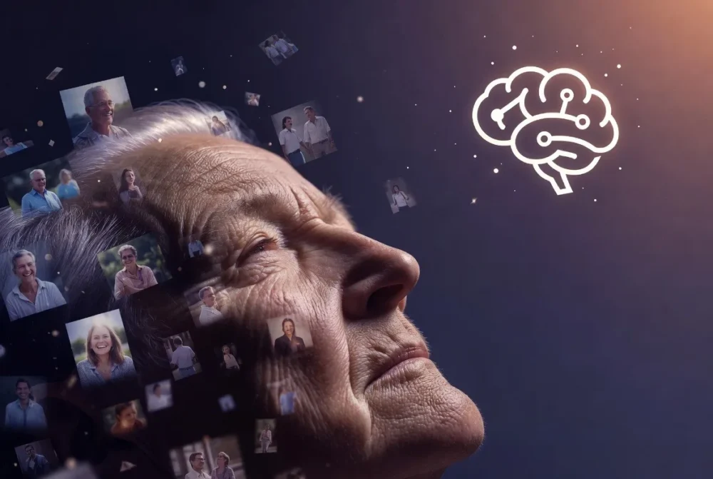 Thoughtful elderly person with floating family memories and glowing brain symbol, representing Alzheimer's hope.