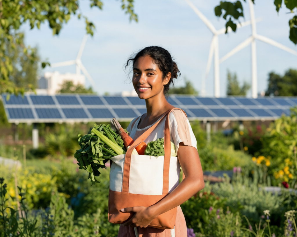 Sustainable & Ethical Living:Young woman smiling while holding a reusable tote bag full of fresh organic produce in a lush garden with solar panels and wind turbines.