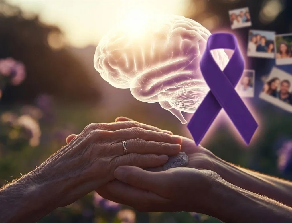 Elderly hands gently held by family member with glowing brain and purple Alzheimer's ribbon in a serene garden.