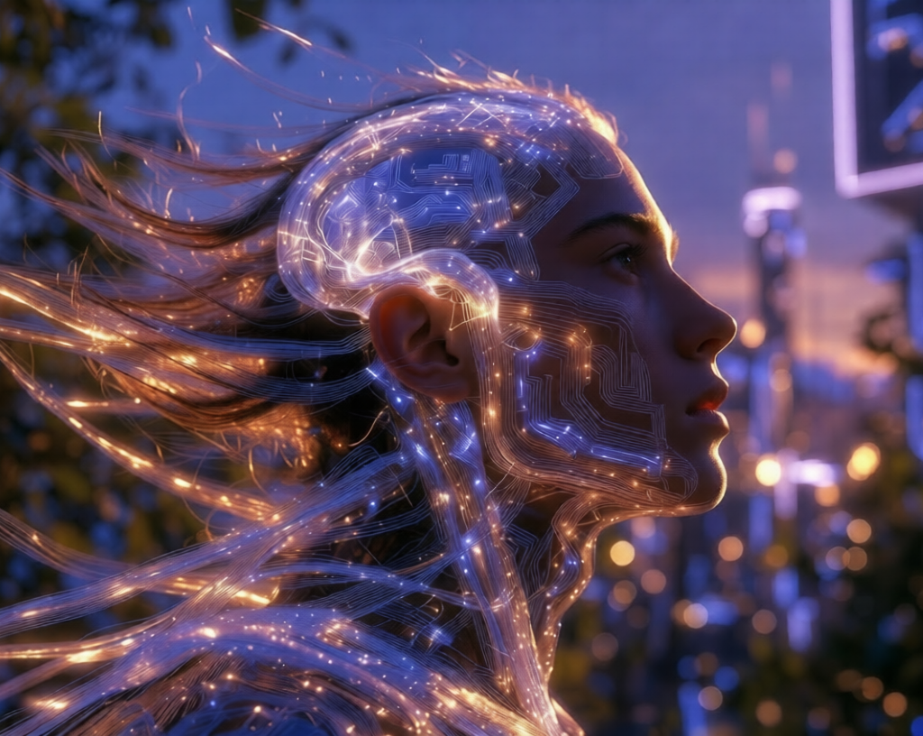 How 7 Powerful Frameworks Master Your AHuman:AMachine Ratio AHuman:AMachine Ratio:Profile of a young woman with glowing neural circuits merging with futuristic cityscape, representing human-AI harmony
