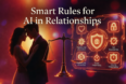 Couple embracing beside glowing balance scale with AI relationship boundaries