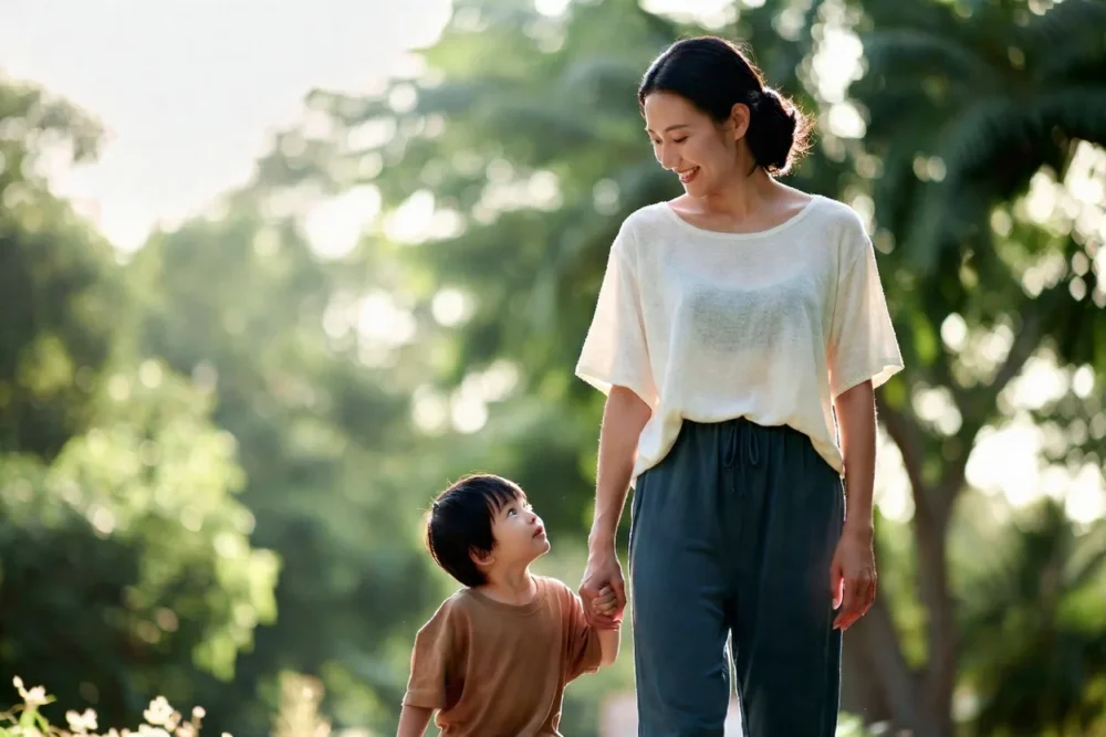 Single mother walking hand-in-hand with her child in a sunlit park