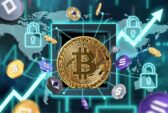 Secure golden Bitcoin emerging from digital vault with floating altcoins and blockchain security icons