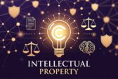 Glowing lightbulb with copyright symbol surrounded by legal and creative intellectual property icons