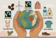 Pair of hands gently holding a leaf-covered globe surrounded by fair trade, zero-waste, and cruelty-free sustainability symbols.
