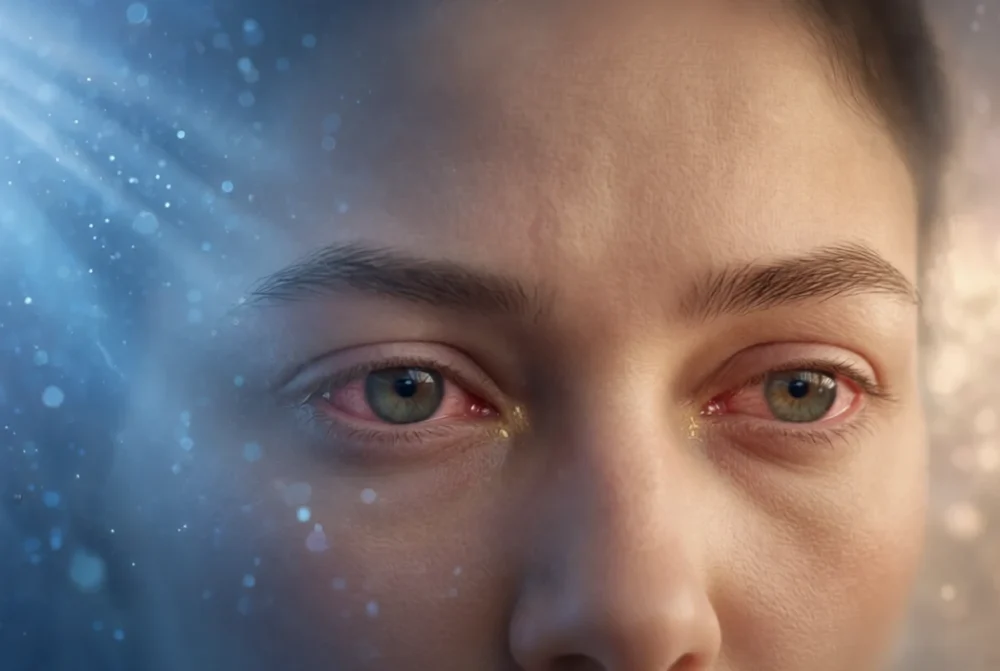 Close-up of red, dry eyes affected by digital blue light