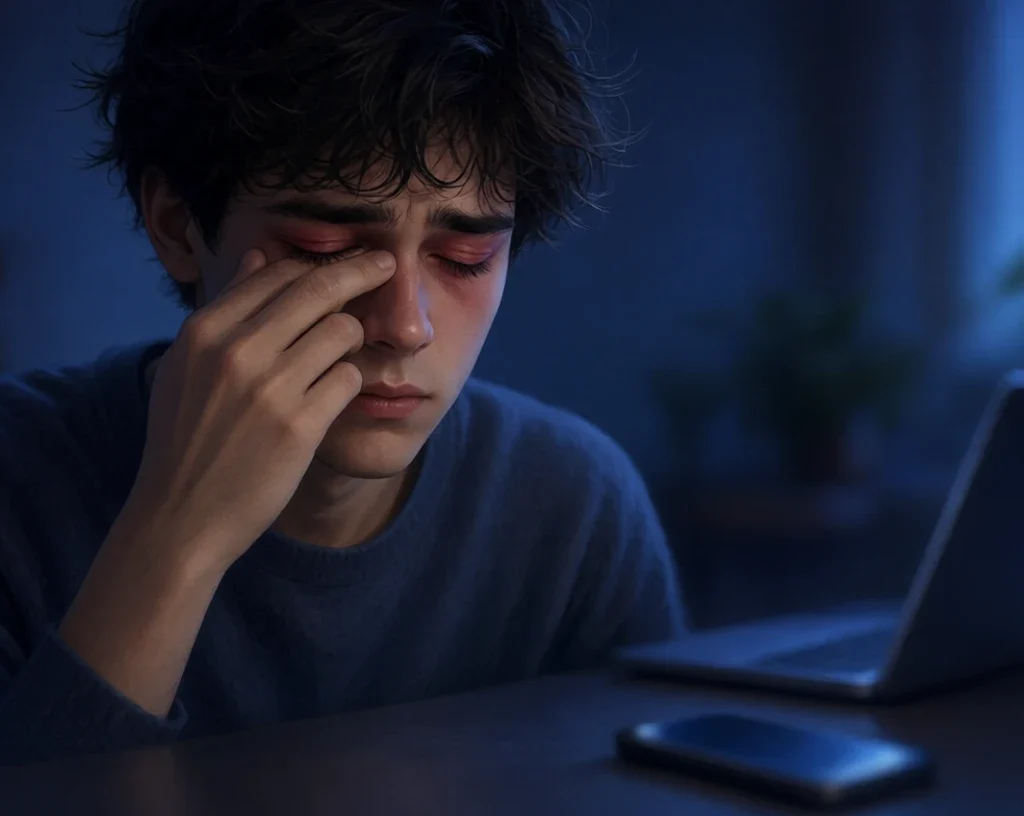Post-Screen Eye Strain:Young man rubbing red, strained eyes after screen use in dim blue light