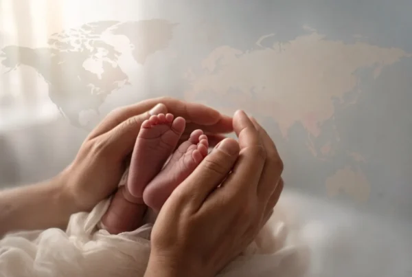 Mother’s hands holding newborn baby’s feet against soft world map background
