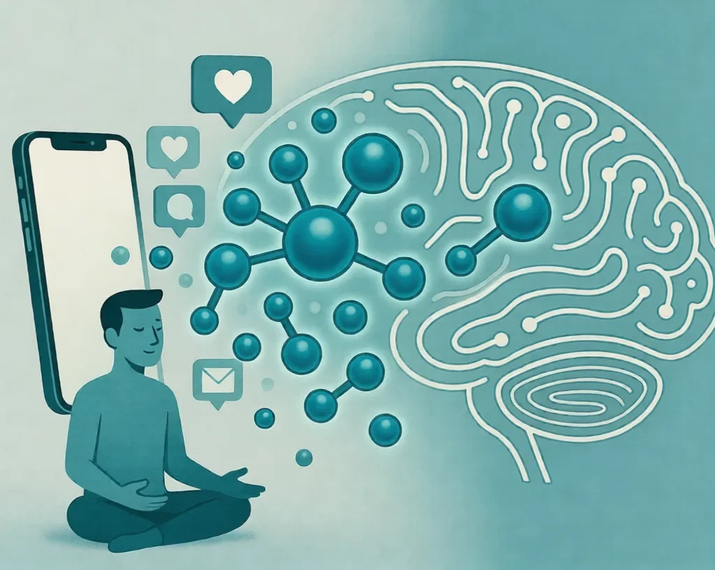 Digital Dopamine:Calm person meditating beside smartphone with fading social icons and glowing dopamine molecules near a brain outline