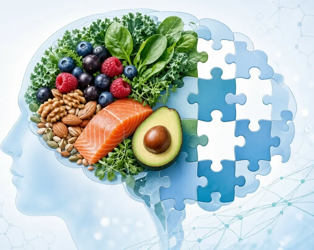 Nutritional Psychiatry GapsBrain silhouette half-filled with healthy foods and half with missing puzzle pieces