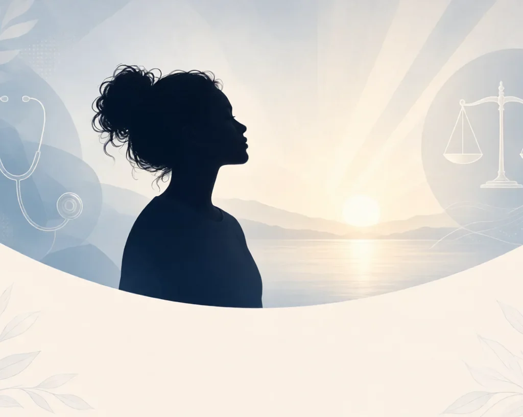 Abortion :Silhouette of a thoughtful woman facing a sunrise over water, with stethoscope and scales icons