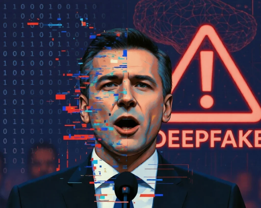 Election Deepfake :Politician face half-glitched with digital artifacts and red DEEPFAKE warning