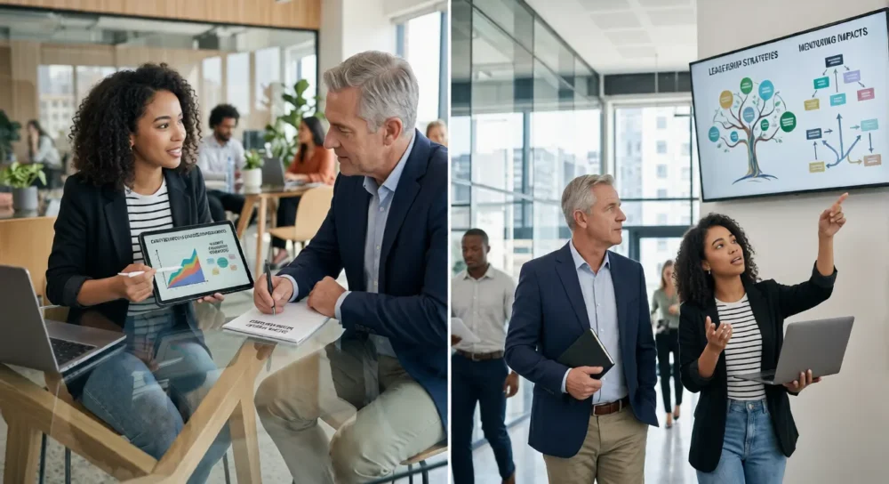 old American man leading an innovation and leadership pathways workshop, presenting to a small diverse group using a whiteboard with 'Vision 2030' diagrams.
