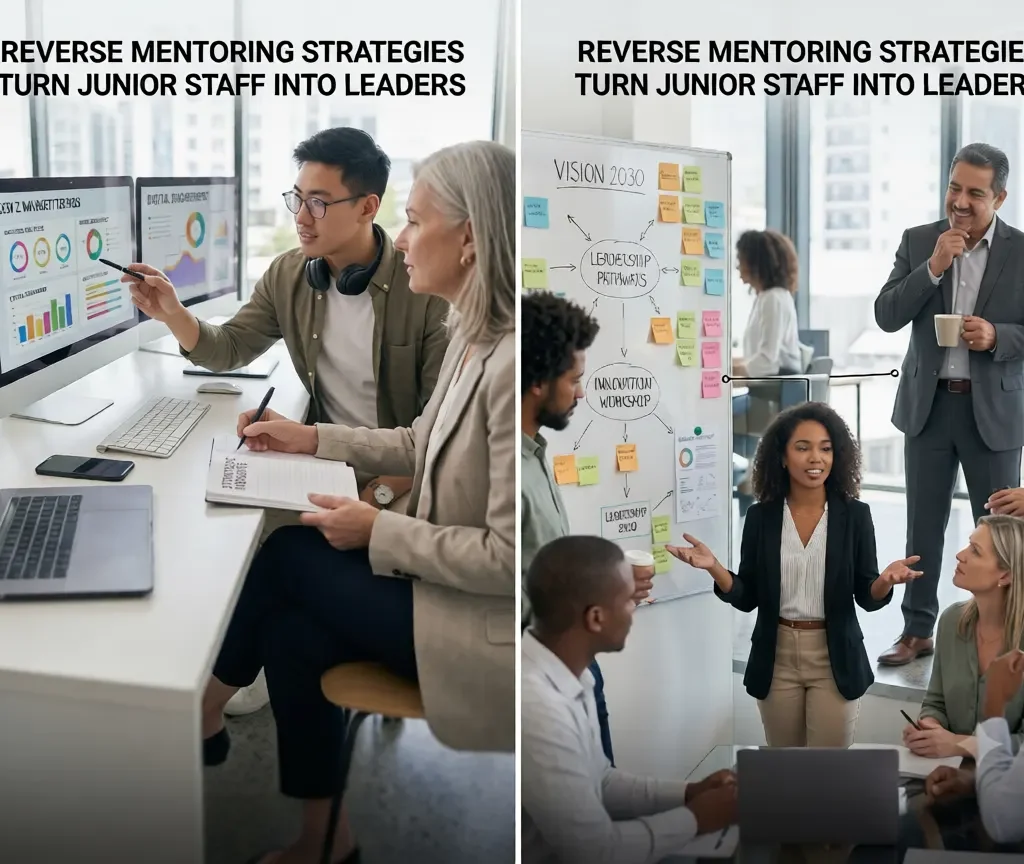 Reverse Mentoring: :Young Asian man pointing to Gen Z data on a desktop screen, explaining trends to an older Caucasian woman taking notes in a notebook titled 'Strategic Insights'.