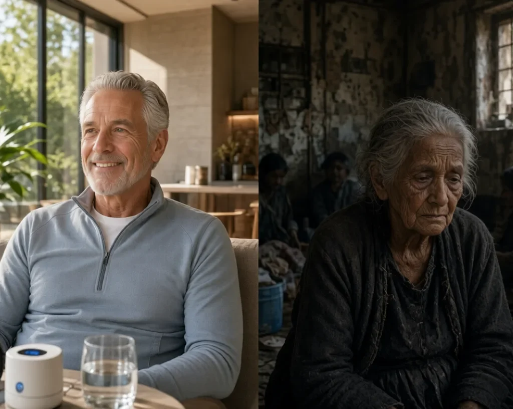 Longevity Inequality:Healthy elderly man in luxury home vs frail elderly woman in poverty
