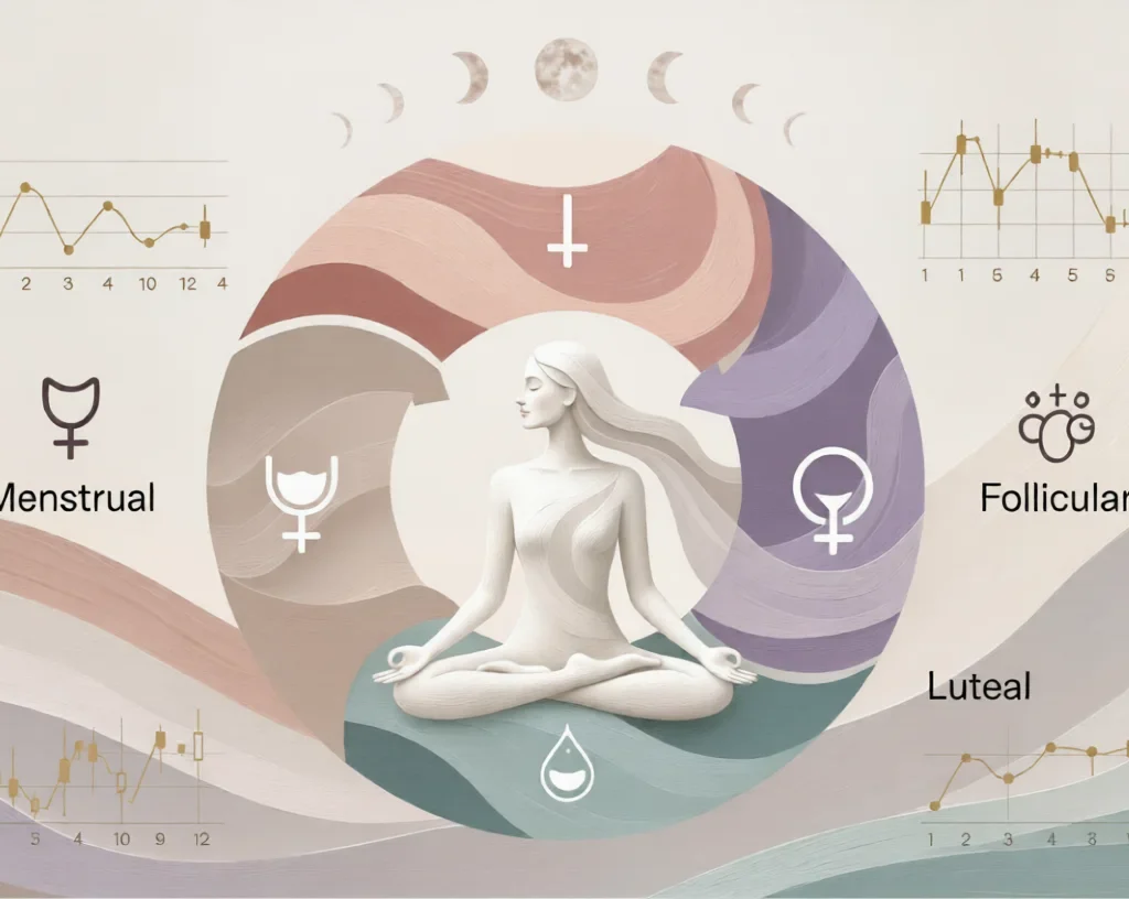 Female Infradian Rhythms :Woman meditating inside circular diagram of menstrual cycle phases