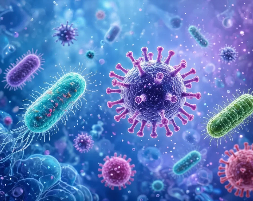 Microscopic Infectious illness:Colorful 3D illustration of viruses and bacteria floating in a blue-purple cellular environment