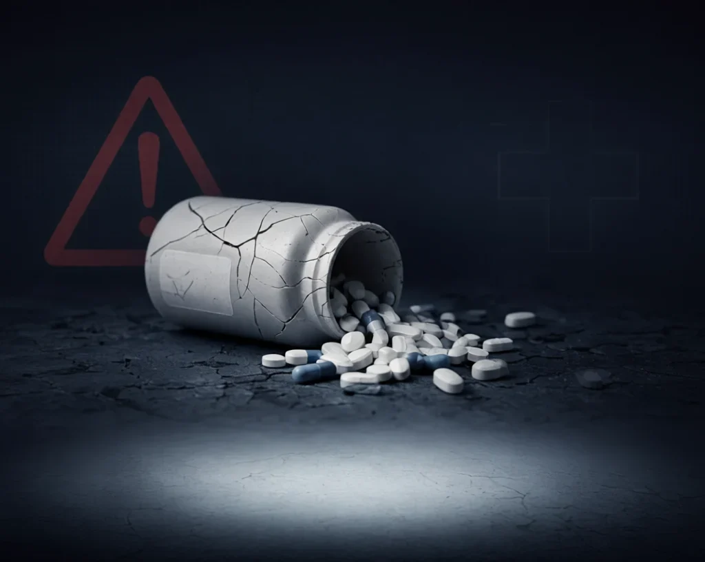 Fatal Overdose Of Opioid & Drugs:Cracked white pill bottle spilling capsules with warning triangle