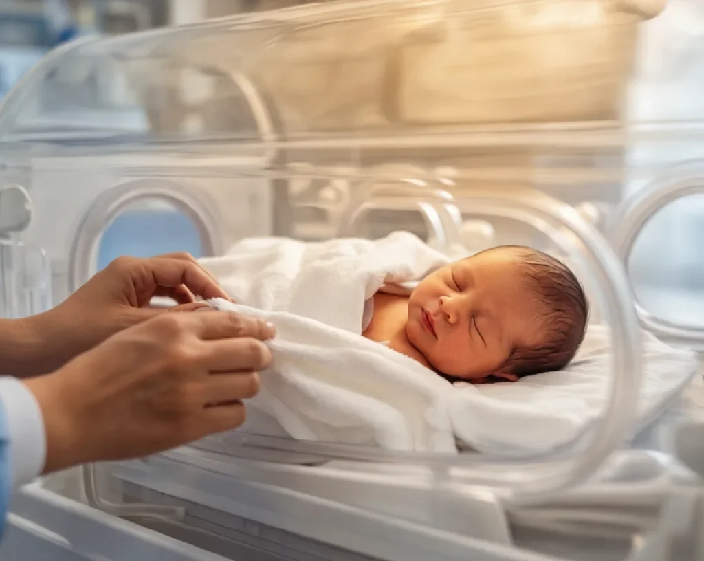 Newborn Mortality:Newborn baby sleeping in hospital incubator with nurse adjusting blanket