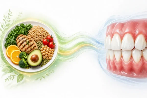 Balanced healthy meal bowl linked by energy waves to a clean white smile