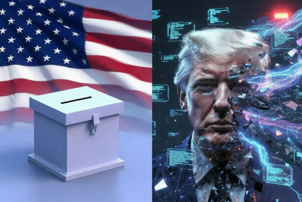 Ballot box with flag beside AI-fragmented political face
