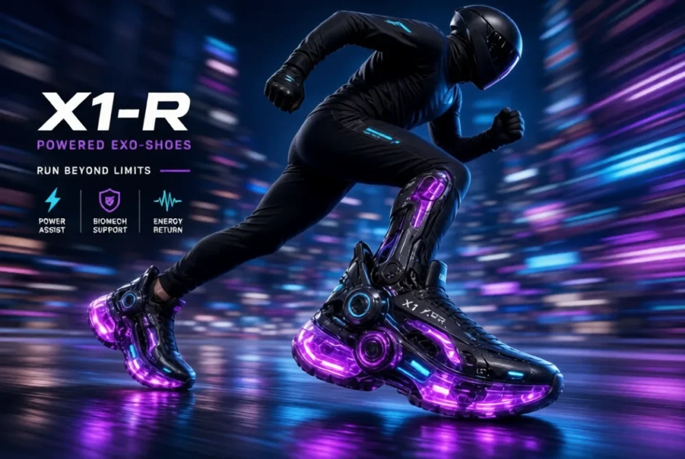 Athlete running in purple-glowing powered exo-shoes labeled X1-R