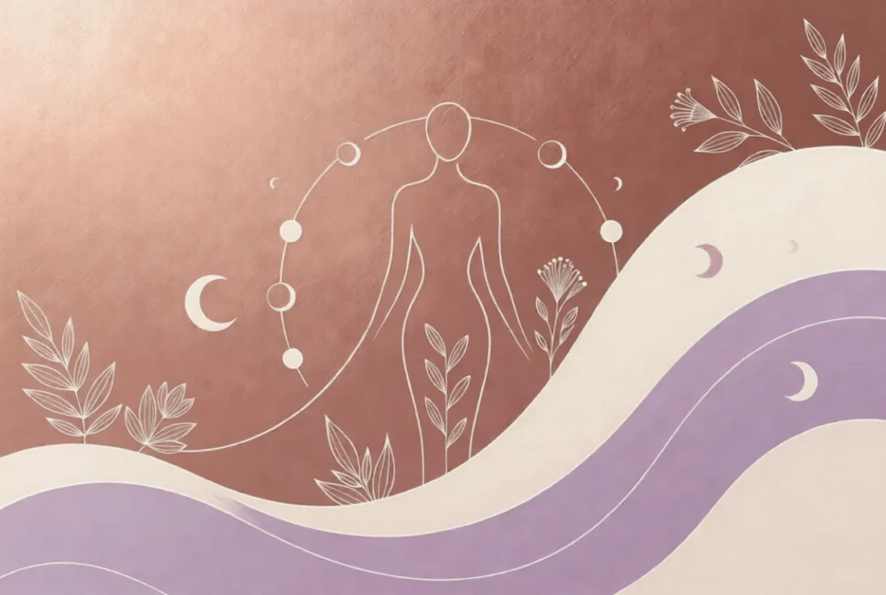 Female silhouette surrounded by moon phases and flowing waves