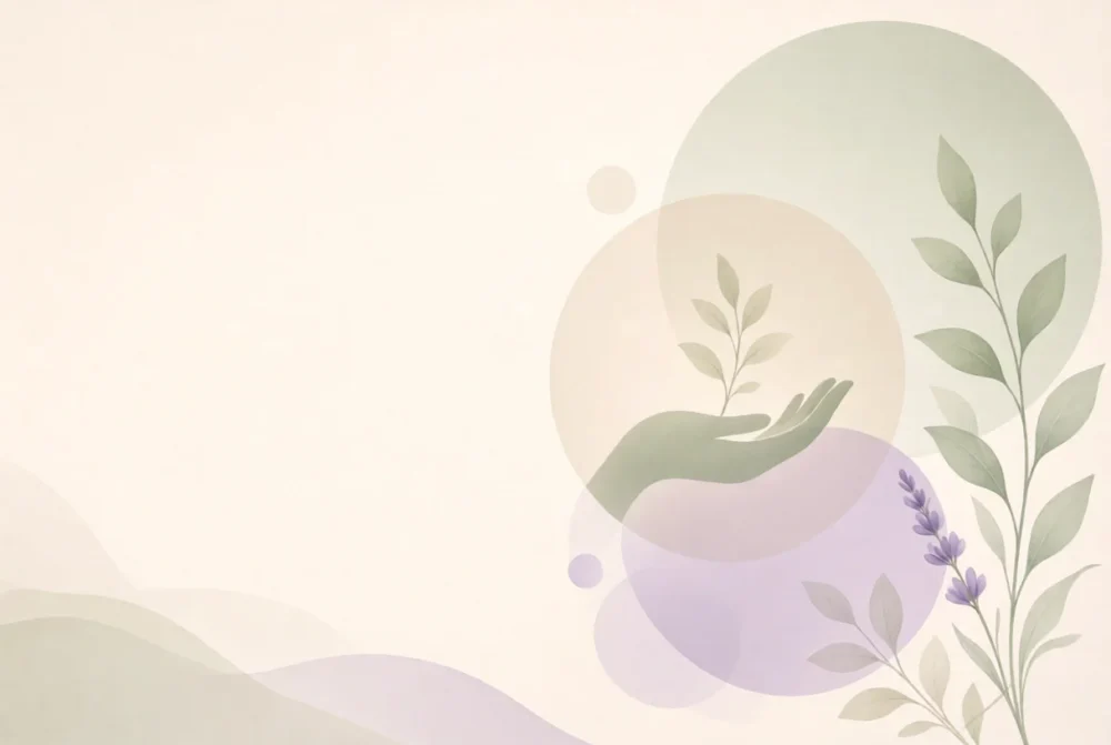 Gentle hand holding a small plant sprout amid soft circles and leaves
