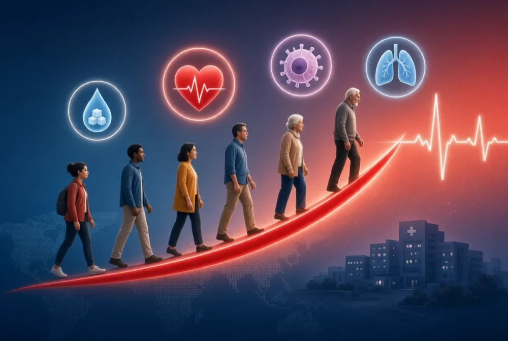 Diverse people walking up a steep red graph with disease icons and hospital in background