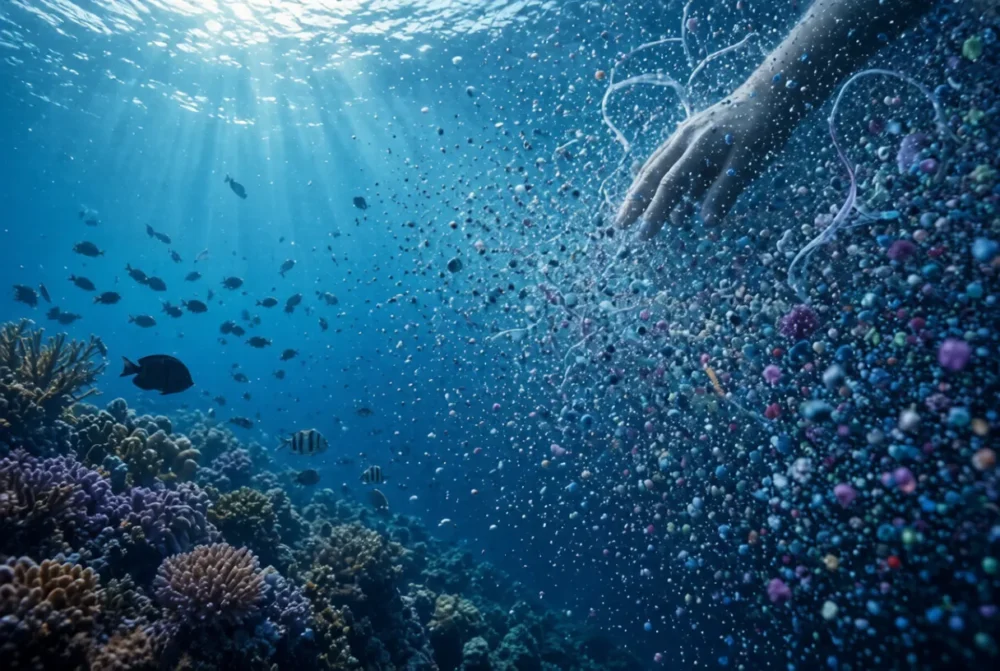 Human hand reaching into ocean water filled with colorful microplastic particles near coral and fish