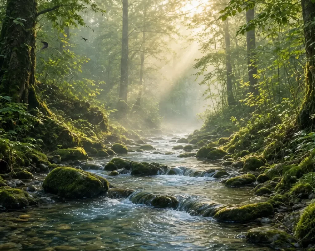 Specific Natural Soundscapes:Misty forest stream with mossy rocks and sunbeams