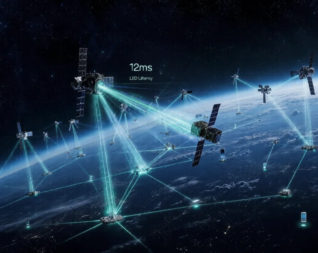 Low Orbit Satellite Latency :LEO satellite constellation beaming data signals to Earth with 12ms latency