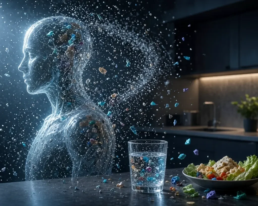 Hidden Microplastic Exposure in Everyday LifeTransparent human figure surrounded by floating colorful microplastic particles near a glass of water and salad in a modern kitchen
