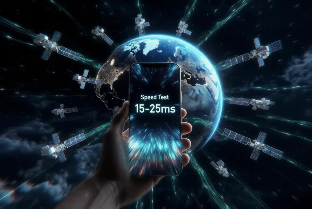 Smartphone showing 15-25ms speed test under LEO satellite constellation