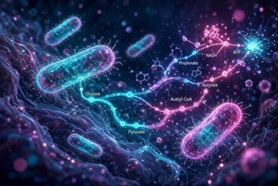 Cinematic microscopic view of glowing cyan and magenta intestinal bacteria interacting with neon metabolic pathways