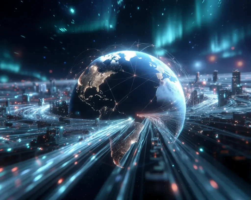 The Changing Relation:Glowing digital Earth with connecting light streams over futuristic city networks