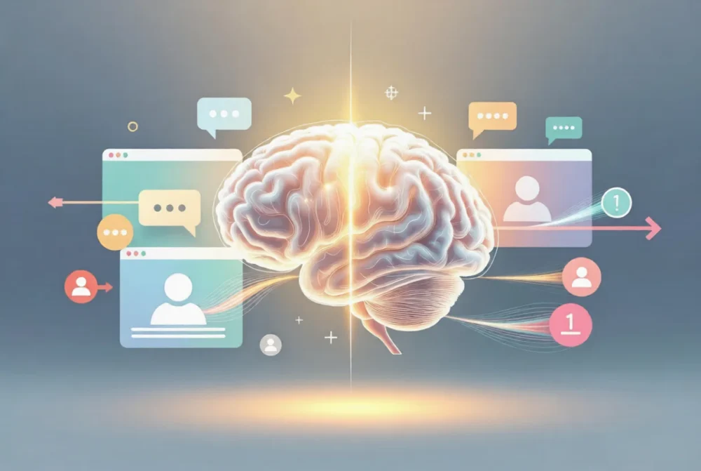Glowing human brain with fading social media notifications and balanced light pathways