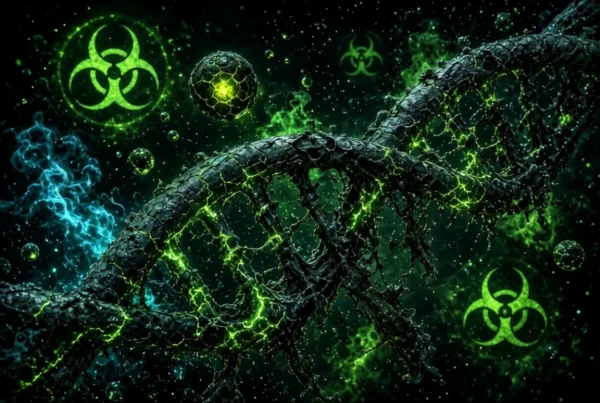 Cracked dark DNA helix glowing with toxic green energy cracks