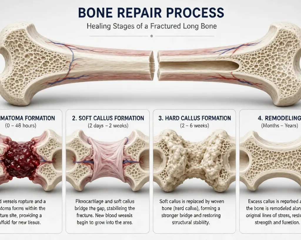 3D illustration of bone repair stages in a fractured long bone